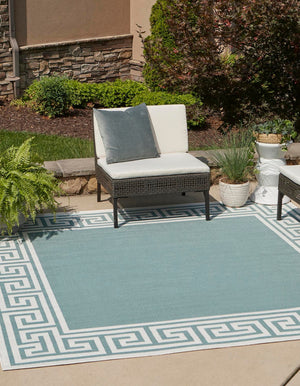 Unique Loom Outdoor Coastal Caye Machine Made Border Rug Aqua, Ivory/Gray/Green 7' 10" x 7' 10"