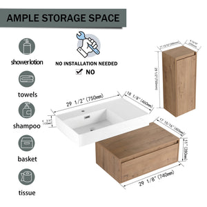 English Elm 30 Inch Wall-Mounted Bathroom Vanity With Resin Sink, Soft Close Drawer & Storage Cabinet - Modern Design W999S00267