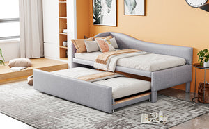 English Elm Twin L-shaped Linen Upholstered Daybed with Hydraulic Pop-up Trundle for Guest Rooms Gray SF000193AAE-1