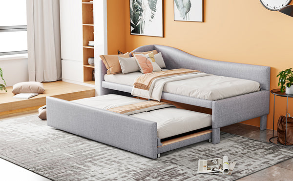 English Elm Twin L-shaped Linen Upholstered Daybed with Hydraulic Pop-up Trundle for Guest Rooms Gray SF000193AAE-1