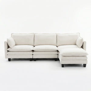 English Elm Modern Chenille Three Seat Sofa with Ottoman Usb Charging Ports and Storage Pockets Beige White W2519S00001