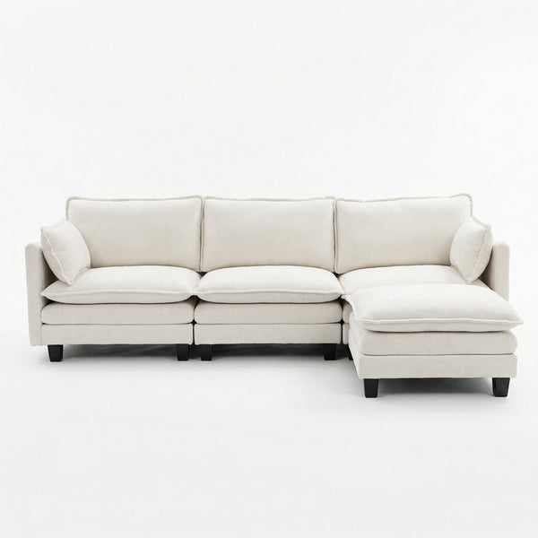 English Elm Modern Chenille Three Seat Sofa with Ottoman Usb Charging Ports and Storage Pockets Beige White W2519S00001