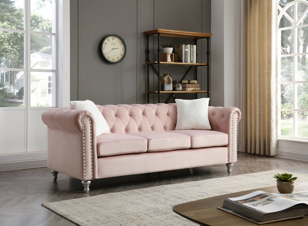 English Elm Raisa Velvet Tufted Sofa with Jeweled Buttons, Nailhead Accents, Pocketed Coil Cushions & Pillows Pink 15 L x 26 W x 34 H B078S00105