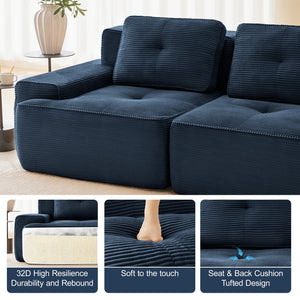 English Elm Modern Corduroy Sectional Sofa Tufted 3 Seater with Movable Ottoman Deep Seat Blue W714S01802