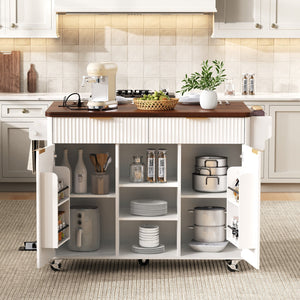 English Elm K&k Fluted Rolling Kitchen Island Faux Marble Top Power Outlet Drop Leaf Storage White N707S000019W