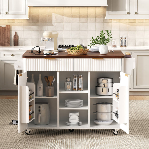 English Elm K&k Fluted Rolling Kitchen Island Faux Marble Top Power Outlet Drop Leaf Storage White N707S000019W