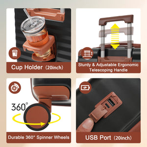 English Elm Luggage 5 Piece Abs Hardshell Travel Set with Usb Port Spinner Wheels and Tsa Lock Black Brown N732P265290B