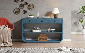 English Elm [video] Sculptural Console Table Pine Wood Curved Legs Soft-close Drawers Open Shelving Entryway Blue N759P433560C