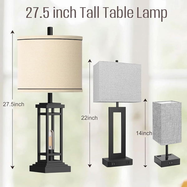 English Elm 27.5 Inch Farmhouse Bronze Table Lamp Set with Usb Charging Ports for Bedroom Decor W3355P440796