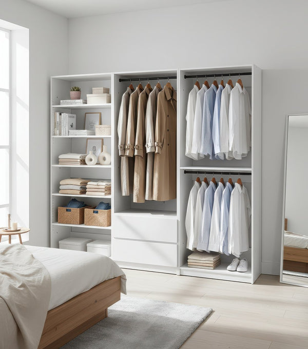 English Elm Prosper White Freestanding Walk In Wood Closet System – Durable Melamine Oak Finish, Modular Storage B040S00145