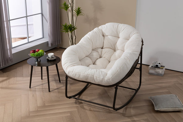 English Elm Outdoor Woven Rattan Egg Rocking Chair with Padded Cushion for Patio Porch Resort Lounge Ancient White W640P499471