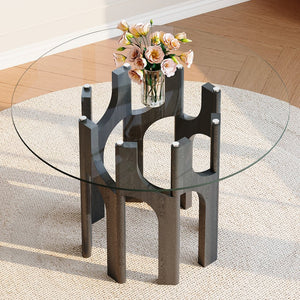 English Elm Round Tempered Glass Dining Table Sculptural Geometric Mdf Base Seats Four Compact Black W3875P387177