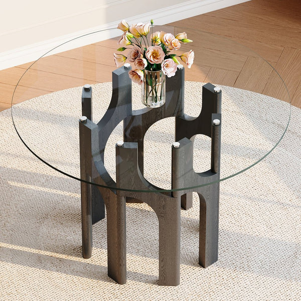 English Elm Round Tempered Glass Dining Table Sculptural Geometric Mdf Base Seats Four Compact Black W3875P387177