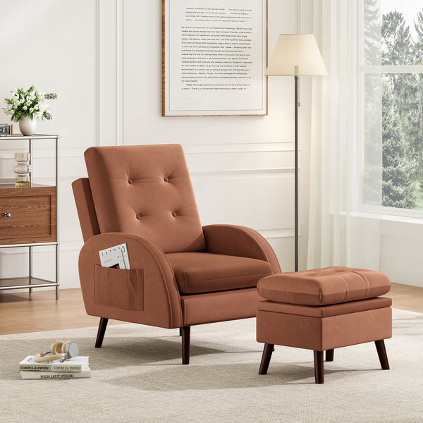 English Elm Upholstered Velvet Reclining Accent Chair with Ottoman Tufted Lounge Seating T3623P411360