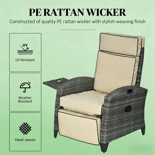 English Elm Reclining Outdoor Wicker Lounge Chair with Side Tray Thick Cushions Patio Resort T3971P444387