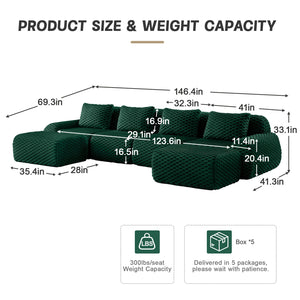 English Elm 146" U-shaped Modular Sectional Flannelette Sofa with Ottoman for Spacious Living Rooms Green W714S01530
