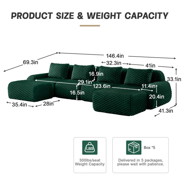 English Elm 146" U-shaped Modular Sectional Flannelette Sofa with Ottoman for Spacious Living Rooms Green W714S01530