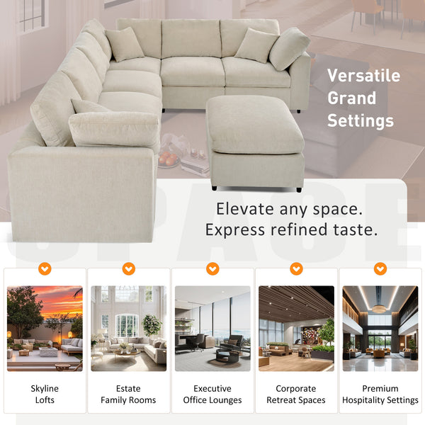 English Elm U_style Oversized Modular Sectional Plush Chenille Pine Frame Living Room Sofa with Ottoman Beige WY000453AAA