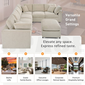 English Elm U_style Seven Seat Modular Sectional Chenille Sofa with Ottoman Pine Frame Living Room Beige WY000469AAA