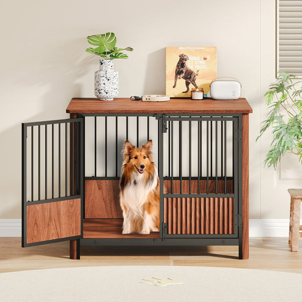 English Elm 31.5'' Walnut Fluted Wood Dog Crate Doubles as End Table for Small Medium Breeds W1820P336033