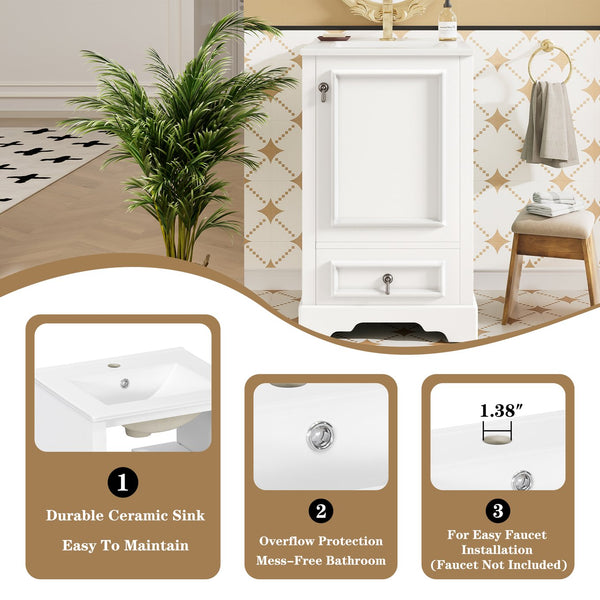 English Elm 20 Inch Bathroom Vanity with Ceramic Sink, Soft-Close Door, Adjustable Shelf, Smart Storage Organizing Design White N729P299505K