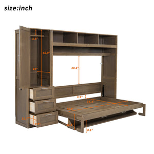 English Elm Full Full Size Murphy Bed with Wardrobe, Drawers & Open Shelves in Antique Wood—Space Saving Solution GX000388AAE