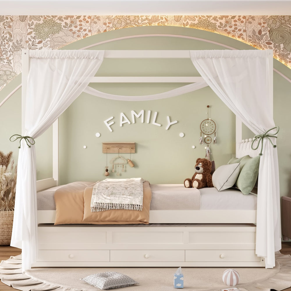 English Elm Full Bunk Bed with Trundle Bookshelf Storage Pine Frame Car Design for Kids W1580S00317