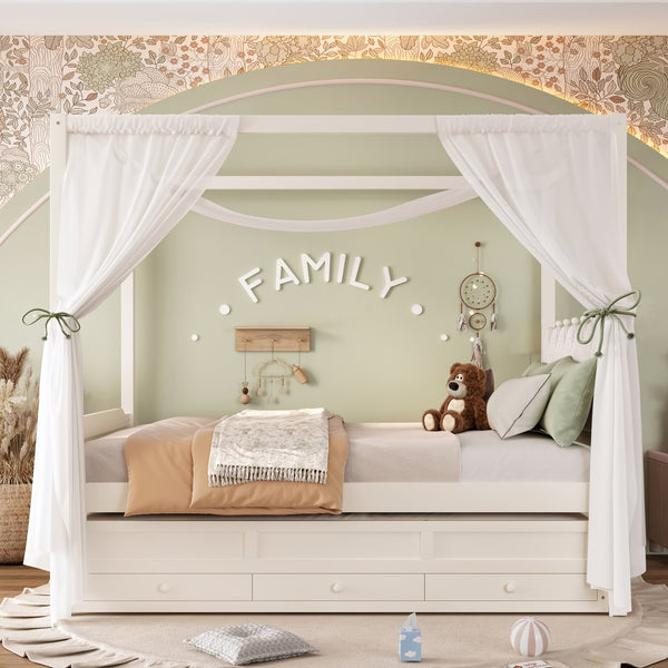 English Elm Full Bunk Bed with Trundle Bookshelf Storage Pine Frame Car Design for Kids W1580S00317