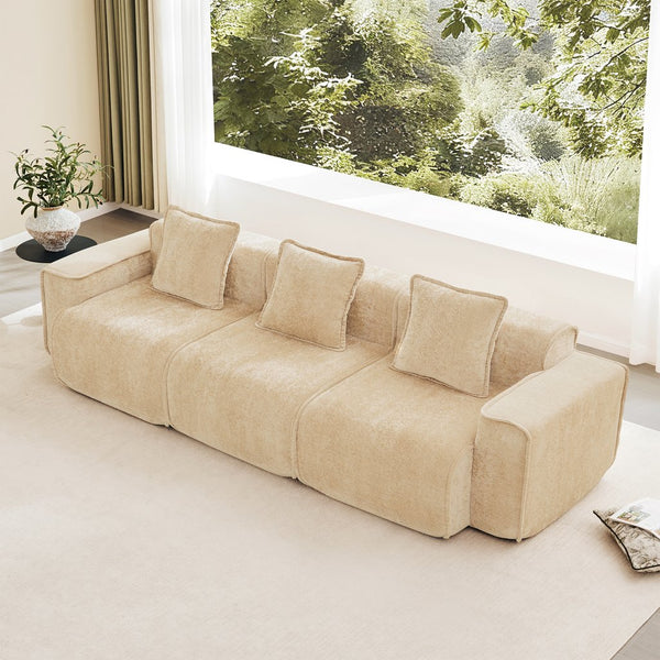 English Elm Streamlined Modular Cloud Sofa Three Seat Velvet Cushions with French Piping for Living Rooms Light Camel W3041S00351