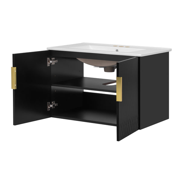 English Elm 30" Vintage Bathroom Vanity with Ceramic Sink — Wall-Mount MDF & Solid Wood Cabinet, Storage, Sleek Finish Black N710P214100B