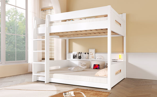English Elm Queen Over Pine Bunk Bed with Built-in Shelves and Usb Charging Ports White N7090002238K