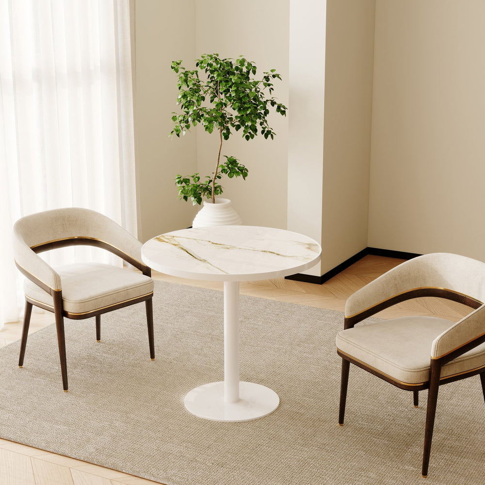 English Elm Round Tulip Bistro Table Faux Marble Top Gold Pedestal Base for Small Dining Spaces W3316P457296