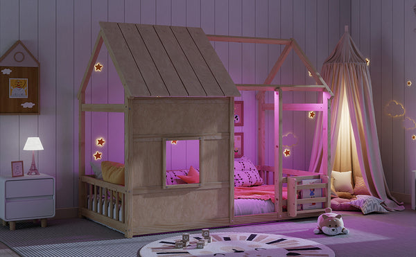 English Elm Twin House Frame Floor Bed Pinewood Build with Led Roofline Kids Bedroom Natural W697P435882