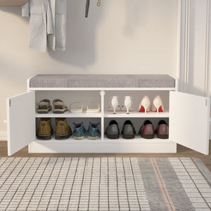 English Elm Shoe Storage Bench with Cushion and 2-Door Cabinet, Ventilated, Adjustable Shelves, 300lb Seat W760P206351