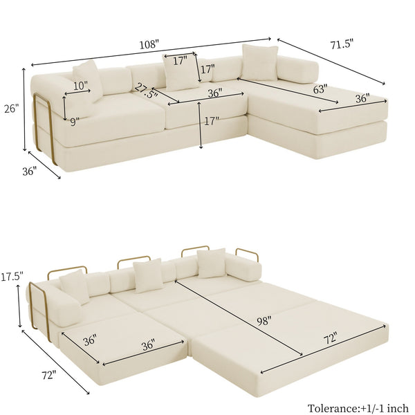 English Elm 108'' Modular Cloud Sectional Corduroy Couch with Fold Flat Backrest for Living Rooms Beige W1117S00291