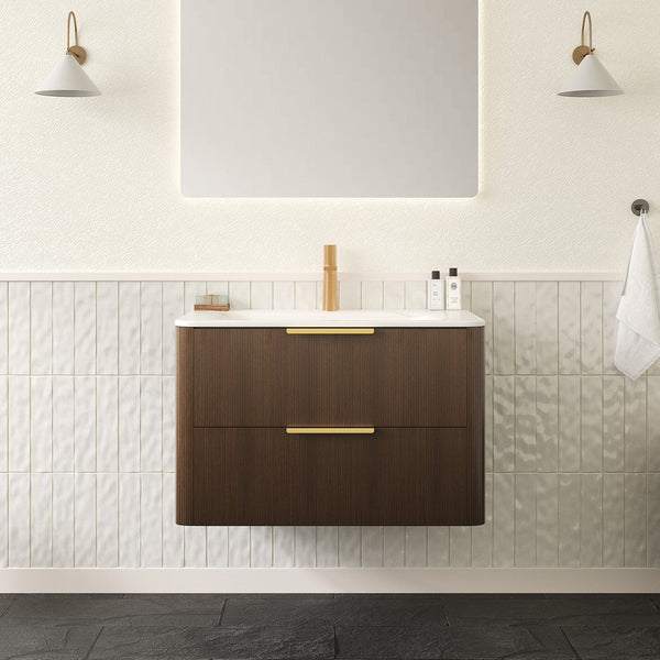 English Elm ZANE Floating Bathroom Vanity 33" with Hot-Press Sintered Stone Basin, Ultra-Slim Plywood Drawers, Walnut W2615P364801