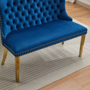 English Elm Velvet Wingback Dining Bench Tufted Two Seat Mid Century Modern Brushed Steel Base Blue W1143P406979