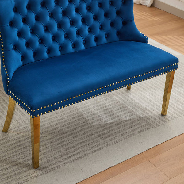 English Elm Velvet Wingback Dining Bench Tufted Two Seat Mid Century Modern Brushed Steel Base Blue W1143P406979