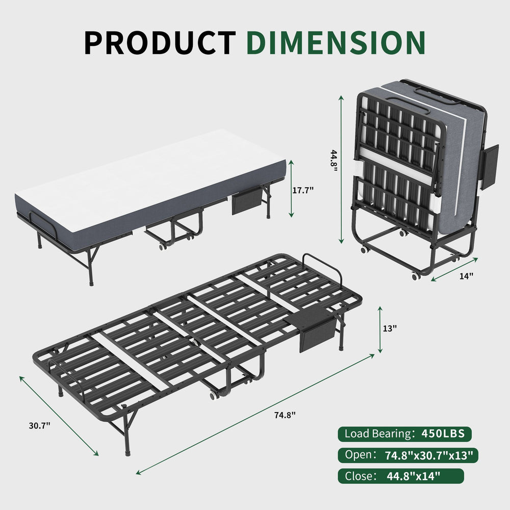 English Elm 75 Inch Rollaway Twin Bed with Memory Foam Mattress Heavy Duty Steel Frame Foldable W2735P425465