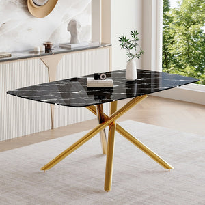 English Elm 63"x35.4" Luxurious Marble-Patterned Tempered Glass Dining Table with Gold Fork Legs, Scratch-Resistant Elegance Black+Gold W1151S03298