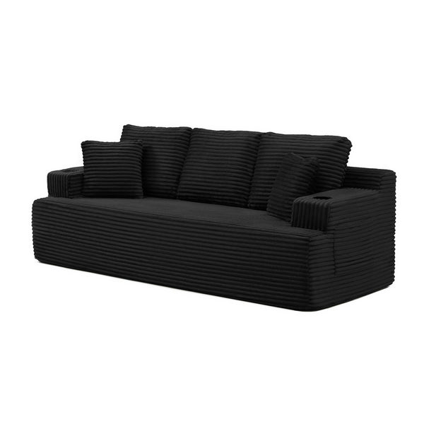 English Elm 86.2''boneless Floor Sofa Ribbed Corduroy 3 Seater with Cup Holders and Side Pockets Black W1117P421179