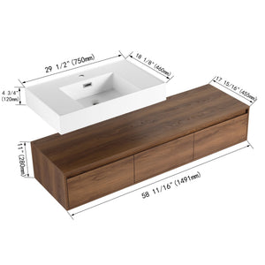 English Elm 60 Inch Wall-Mounted Bathroom Vanity With Resin Sink, Soft-Close Drawers & Floating Design Charm W999S00258