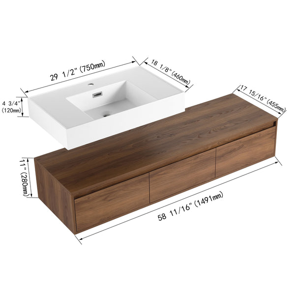 English Elm 60 Inch Wall-Mounted Bathroom Vanity With Resin Sink, Soft-Close Drawers & Floating Design Charm W999S00258
