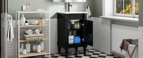 English Elm 18-Inch Modern Bathroom Vanity with Sink Compact Retro Design Durable MDF & Solid Wood Legs Storage-Friendly Black N710P257401B