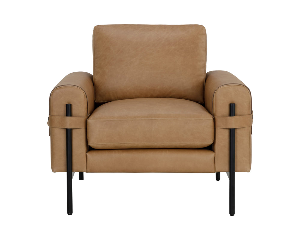 Sunpan Camus Armchair - Luxurious Ludlow Sesame Leather with Playful Strap Detailing and Black Iron Legs