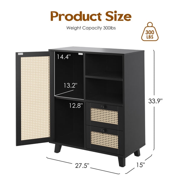 English Elm Rattan Cane Front Sideboard with Drawers Adjustable Shelf Bohemian Storage Cabinet Black T3623P434723