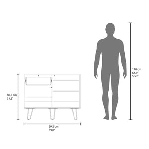 English Elm White White and Natural Oak Sideboard with Hairpin Legs — Modern Rustic Storage, 4 Shelves + Drawer 39"W B062P290287