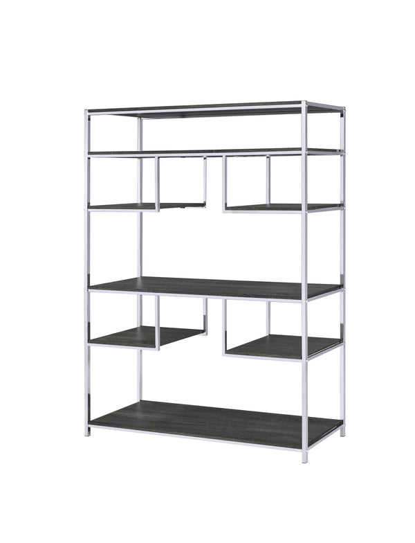 English Elm Vonara Rustic Gray Oak Bookshelf with Chrome Frame — 7 Open Shelves, Etagere Style Storage Appeal B2726P256367