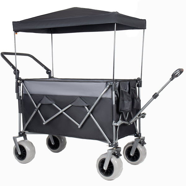 English Elm Multi-functional Folding Wagon with Canopy All Terrain Tires 480lb Steel Frame Outdoor Black+ Gray W2932P417663