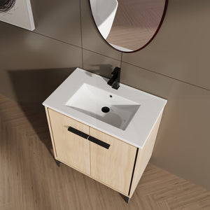 English Elm 30 Inch Oak Bathroom Vanity Base with Basin, Engineered Wood Double-Door Cabinet, Modern Storage W1972S00004